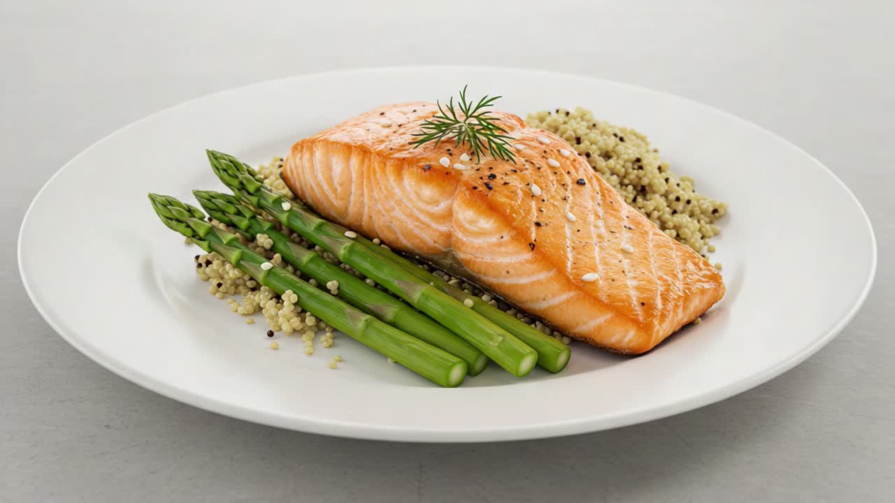 A beautifully plated dish featuring perfectly cooked salmon fillet, tender asparagus, and fluffy quinoa, garnished with fresh dill for a nutritious and appealing meal
