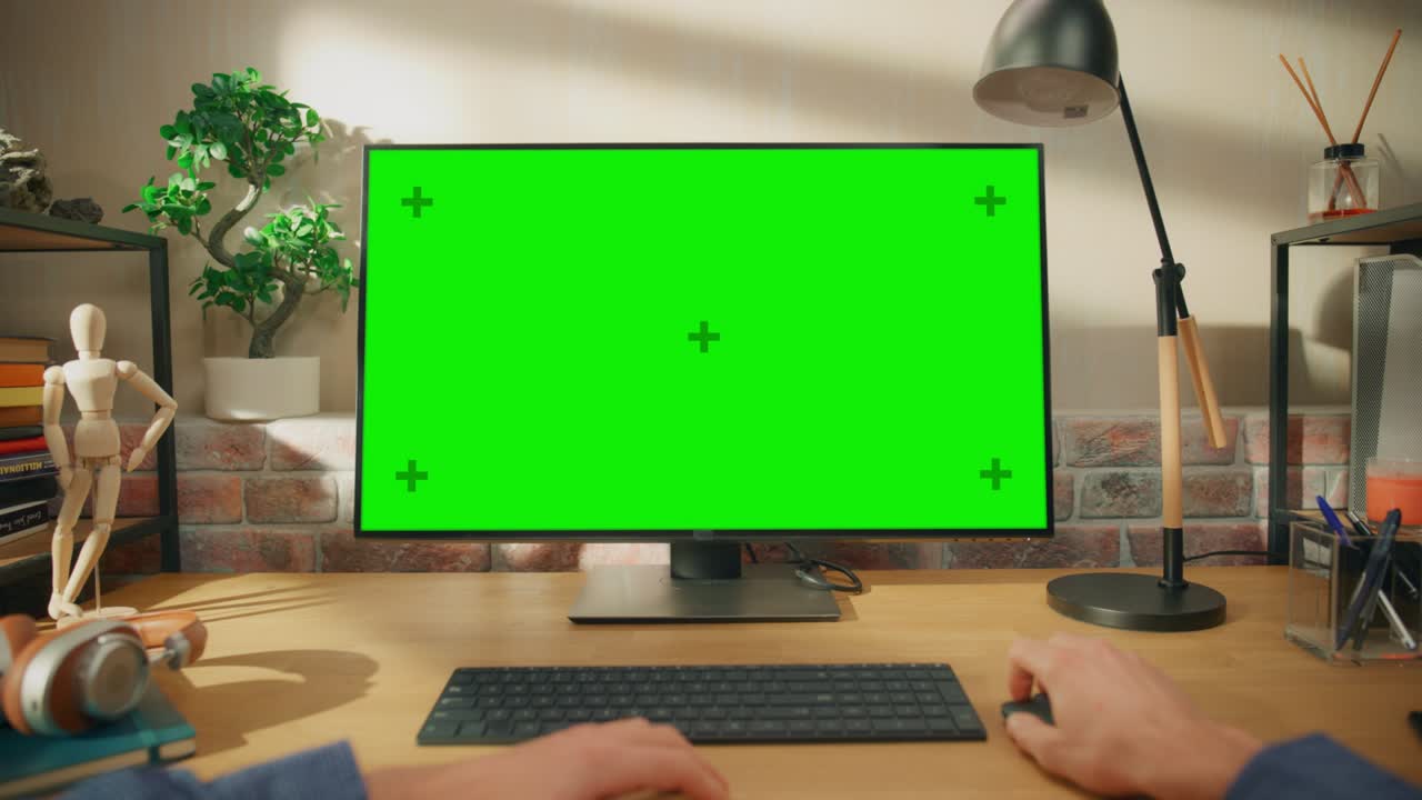 POV First Person View of a Man Working on Desktop Computer with Green Screen Mock Up Display. Male Sitting at a Desk, Typing on Keyboard and Using Mouse at Home in Stylish Living Room.
