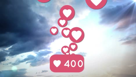 heart icon with increasing numbers against clouds in the blue sky