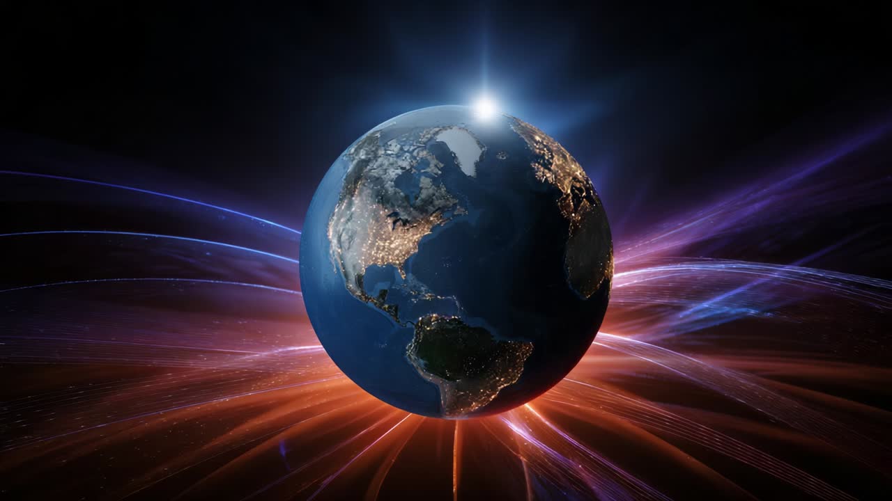 Una visualizzazione straordinaria della Terra su uno sfondo cosmico vivido, che mette in risalto le luci abbaglianti delle città e le meraviglie naturali, illuminate da una misteriosa fonte di luce, in movimento e trasformazione