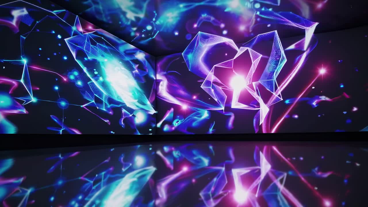 Immersive video art installation with vibrant neon abstract patterns projected on walls and floor