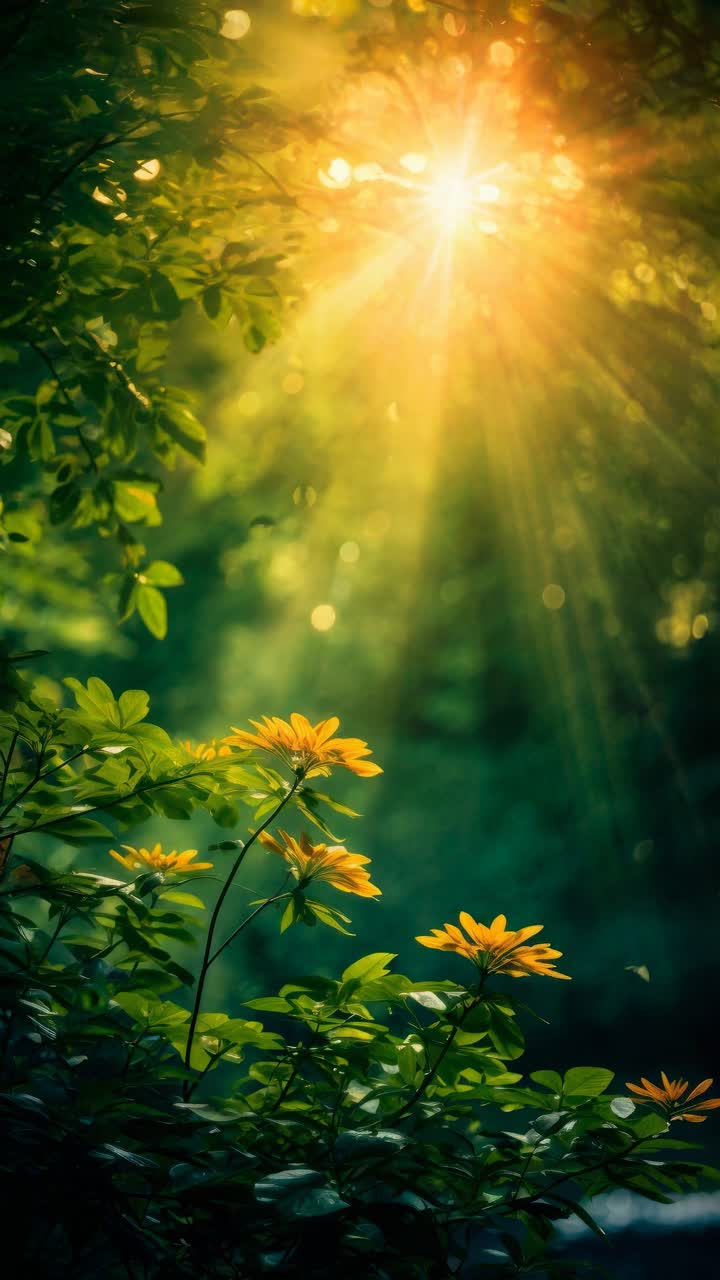 Sunlit flowers captured from a low angle, creating a serene and dreamy atmosphere