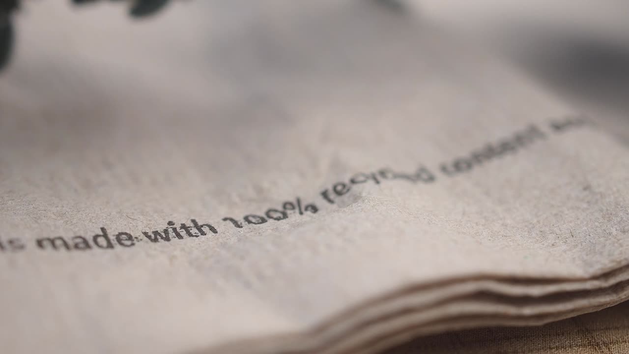 Close-up of a napkin with recycled content text