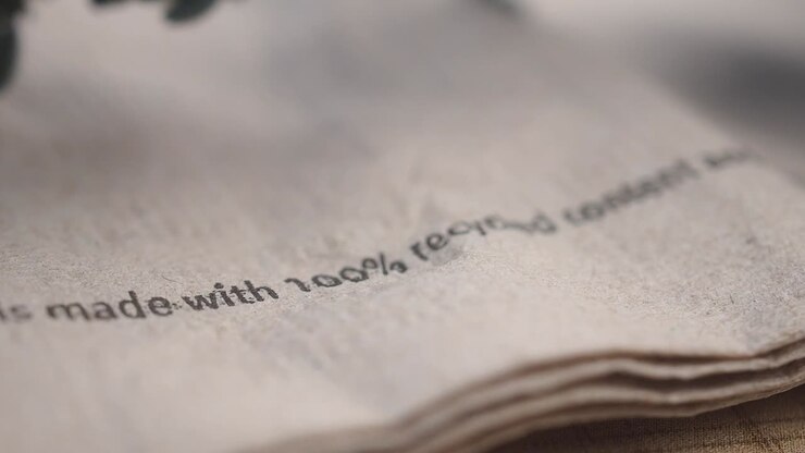 Close-up of a napkin with recycled content text