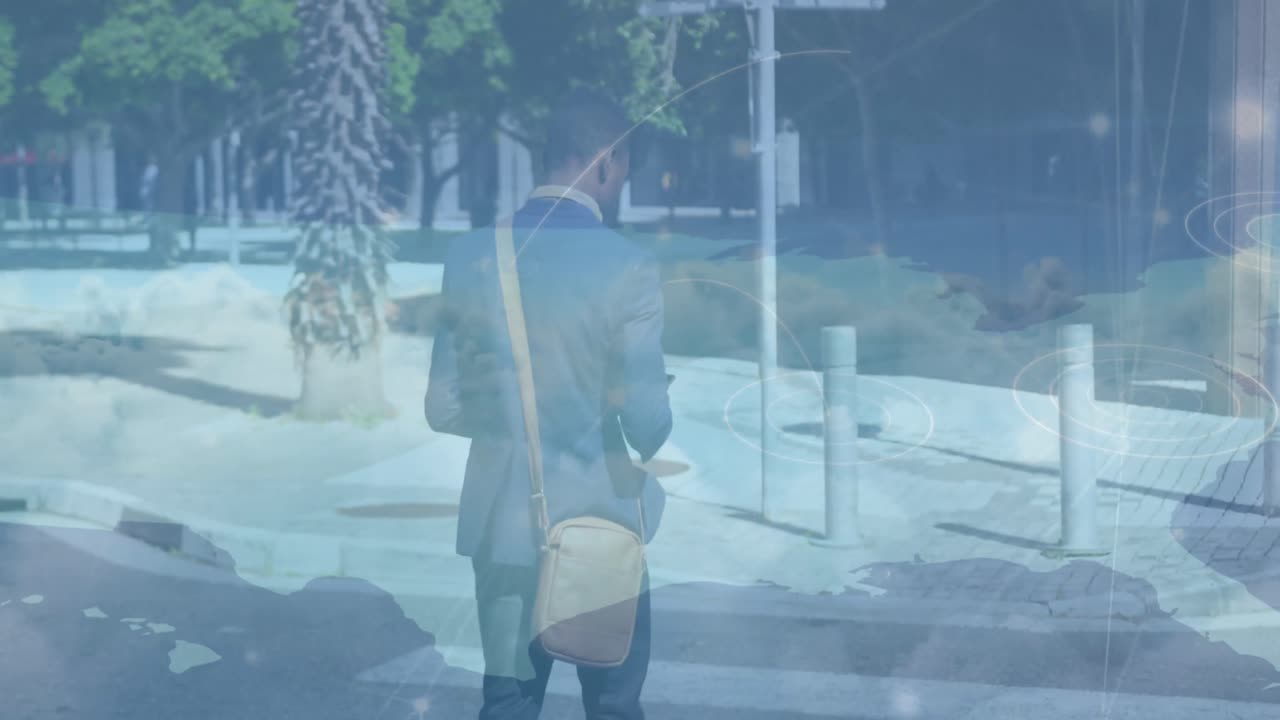 거리에서 아프리카계 미국인 사업가에 대한 구름 위의 연결 네트워크의 애니메이션