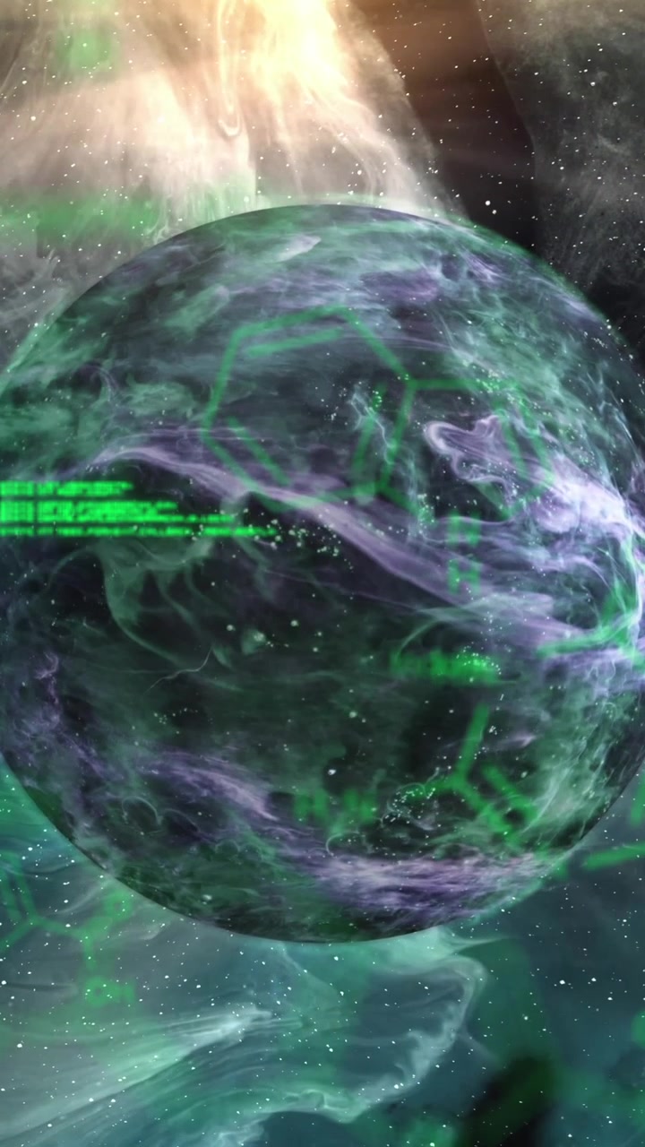 Animazione di formule chimiche su un pianeta nero sull'universo