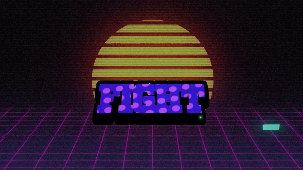 Animation of fight text over shapes and digital sun on black background