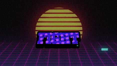 animation of fight text over shapes and digital sun on black background