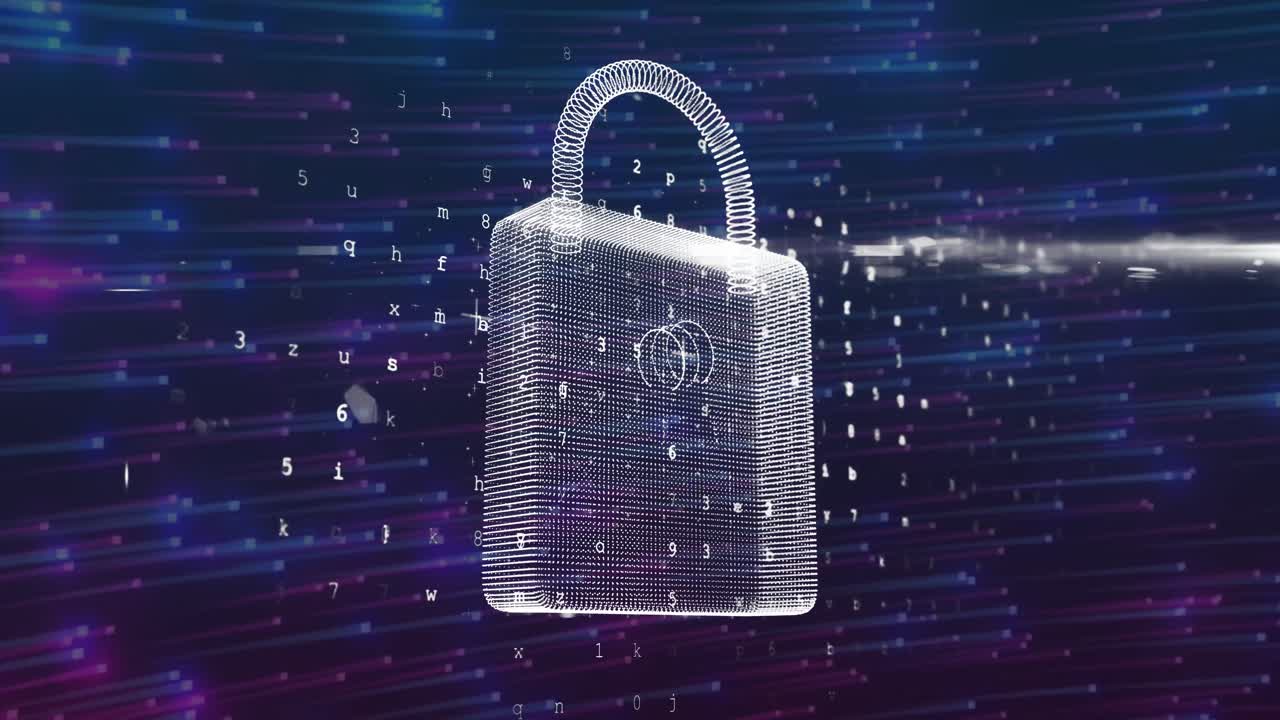 animación de un candado digital en un fondo marino con luces