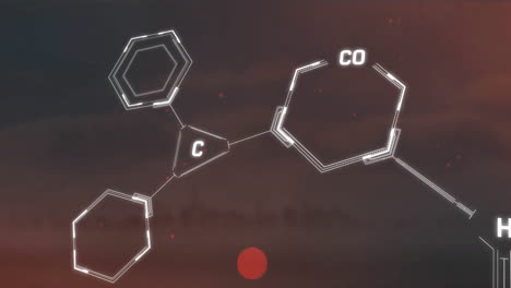 animación de procesamiento de datos y fórmula química sobre el paisaje urbano
