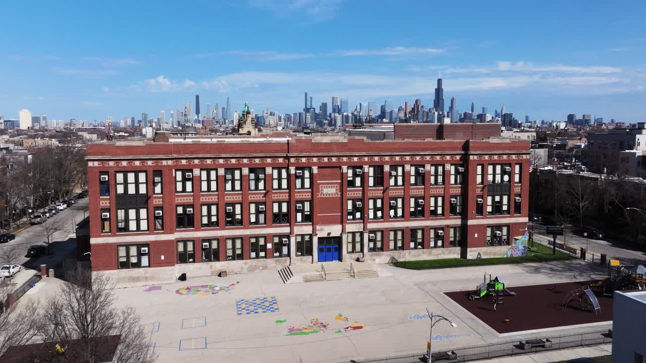 American Public School - Aerial Drone Shot on Beautiful Day in Urban City.