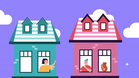 women and cat in apartments window stay home campaign