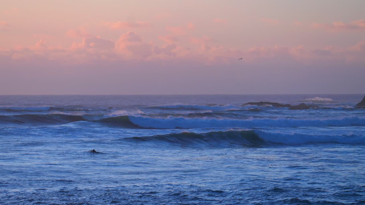 Sunset huge surf waves swell birds Point Arena Cove Northern California fall winter cold Pacific Ocean point break wind pink purple dusk fishing pier Mendocino County Fort Bragg pan right