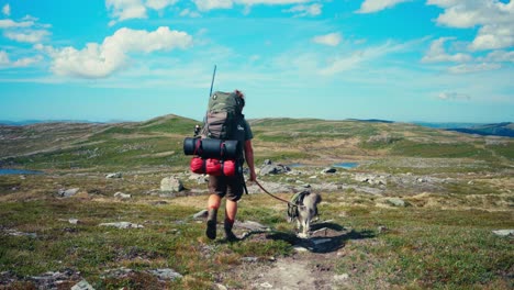 hiker and dog trekking through a scenic mountain landscape