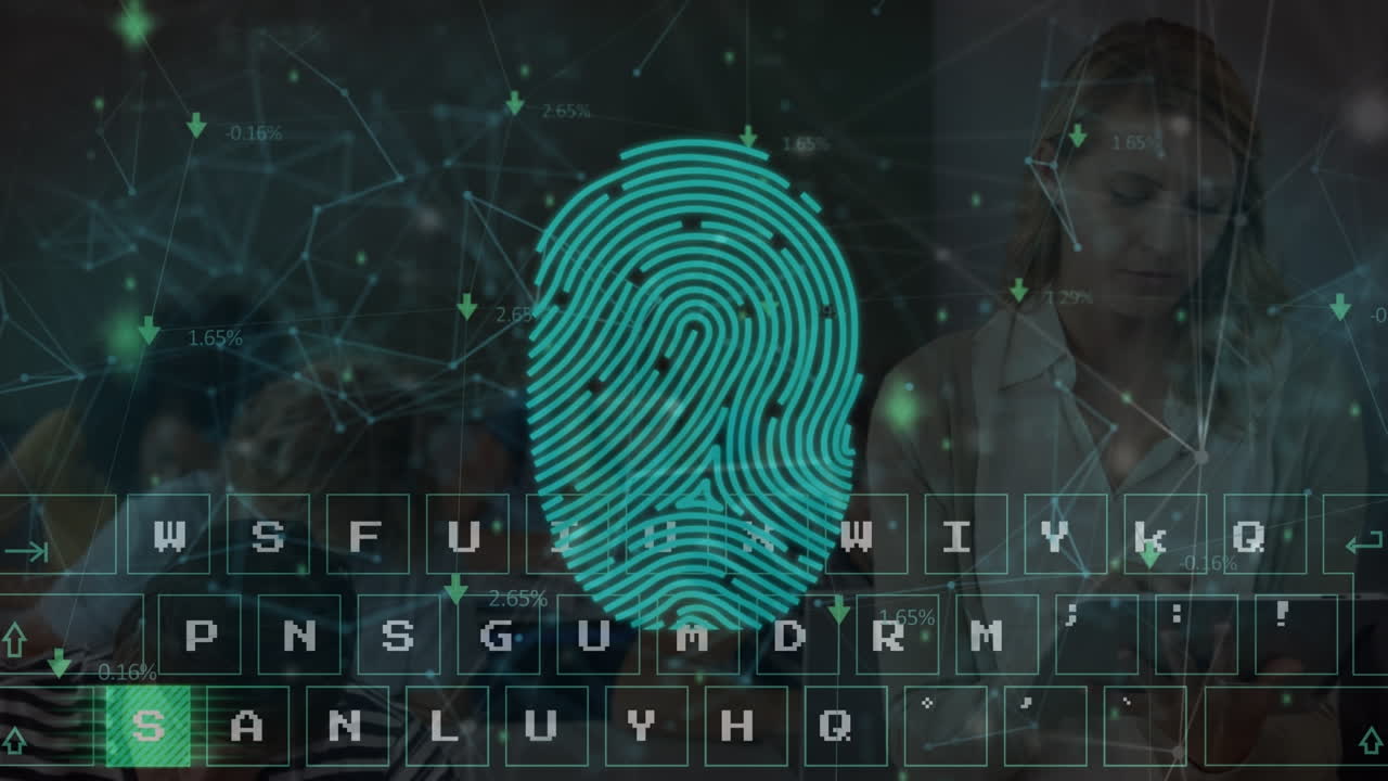 анимация сети соединений через клавиатуру, отпечатки пальцев и кавказская учительница
