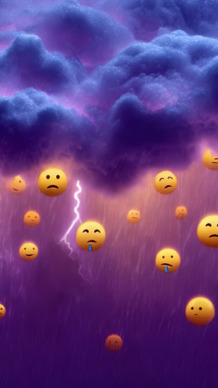 Emocionální příval: Bouře smutku s emotikony obklopenými temnými mraky a blesky, představující pocity nespokojenosti a melancholie.