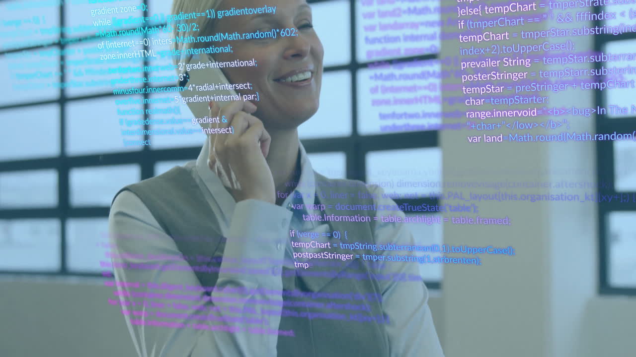 Animation of data processing over female architect on smartphone in office