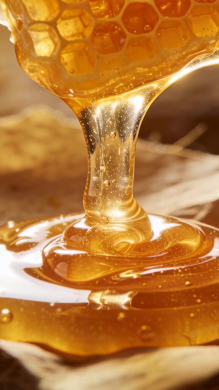 Vídeo vertical: Gravidade puxando gota de mel do favo, fluxo dourado formando espiral no prato