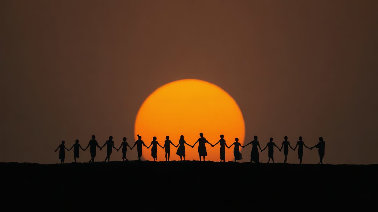 A Group of Silhouetted Figures Holding Hands Against a Dramatic Sunset, Symbolizing Unity and Togetherness in the Evening Sky
