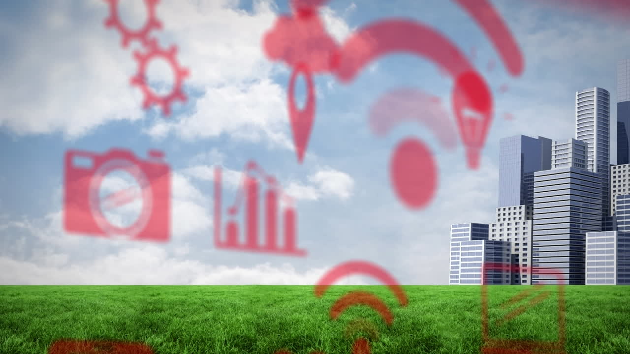 구름이 가득한 하늘을 배경으로 잔디과 현대적인 건물 위에 은 아이콘의 애니메이션