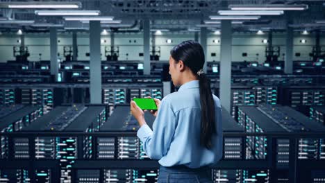 vista trasera de una mujer de negocios asiática usando un teléfono móvil con una pantalla verde simulada en el centro de datos