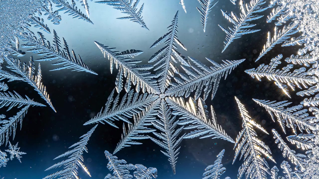 Backlighting revealing central six-armed ice crystal branching on glass pane, with glints