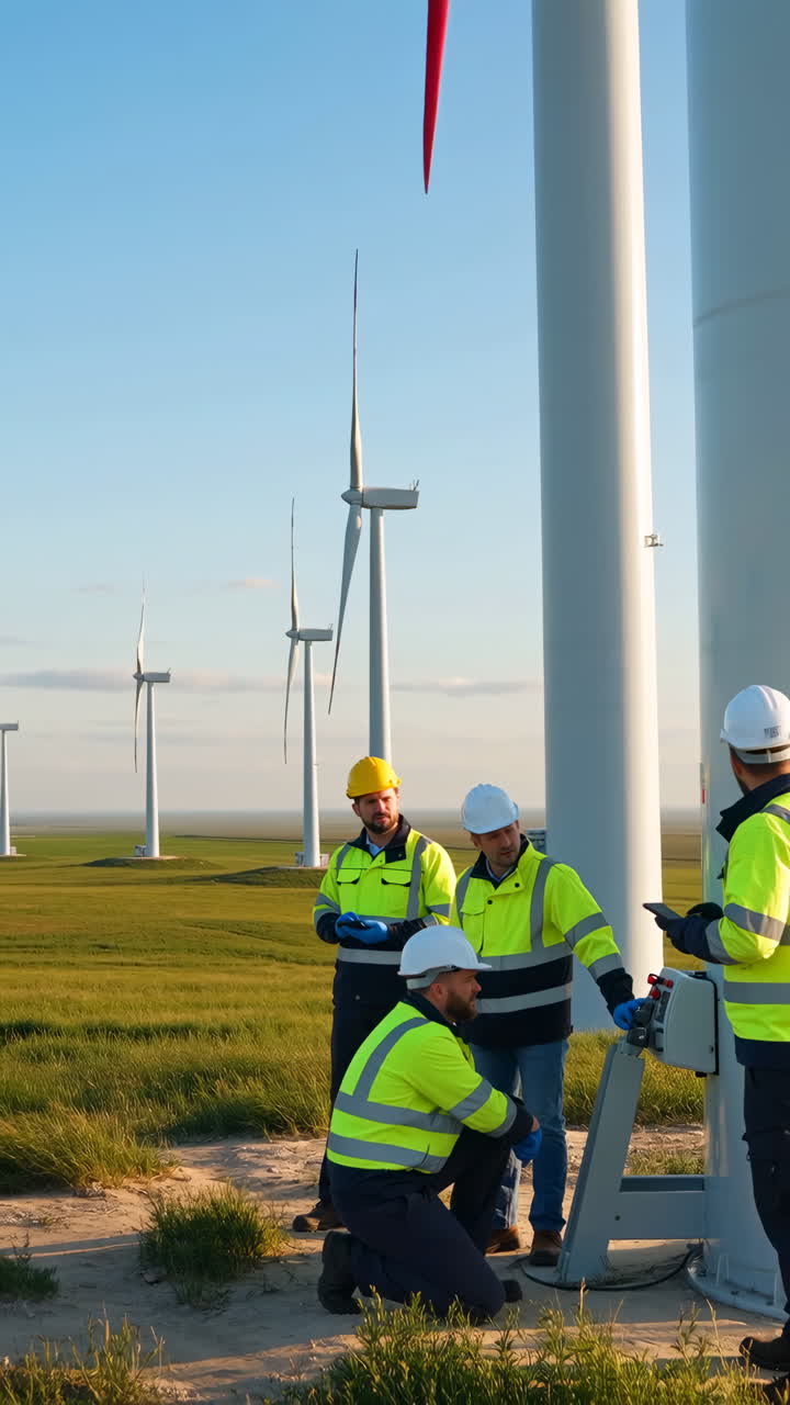 Engineers Inspecting Wind Turbines at a Renewable Energy Wind Farm