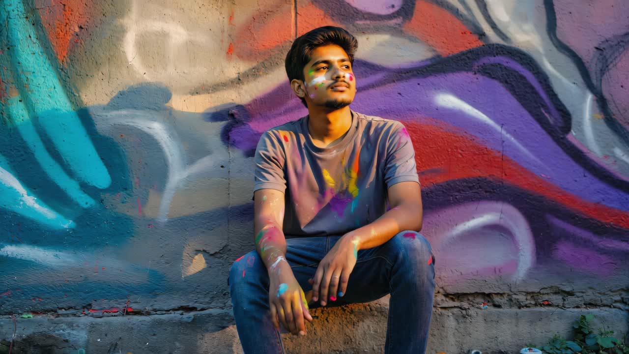 Young man with paint stains on his face, t shirt, arms and jeans sitting on a low wall in front of a colorful graffiti, taking a break and admiring his work
