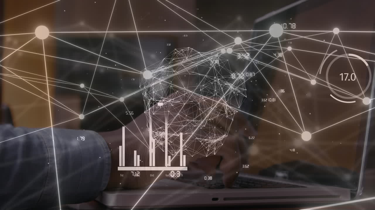Animation of network of connections with globe over caucasian businessman with laptop