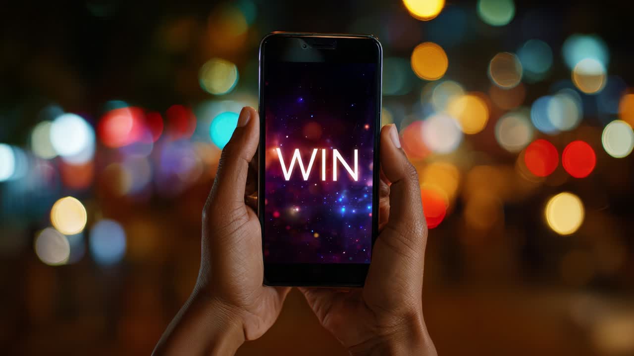 A Person Holding a Smartphone with the Word 'WIN' Displayed in Vibrant Colors Against a Blurred Nighttime Background Filled with Colorful Lights and Atmosphere, Signifying Success and Achievement
