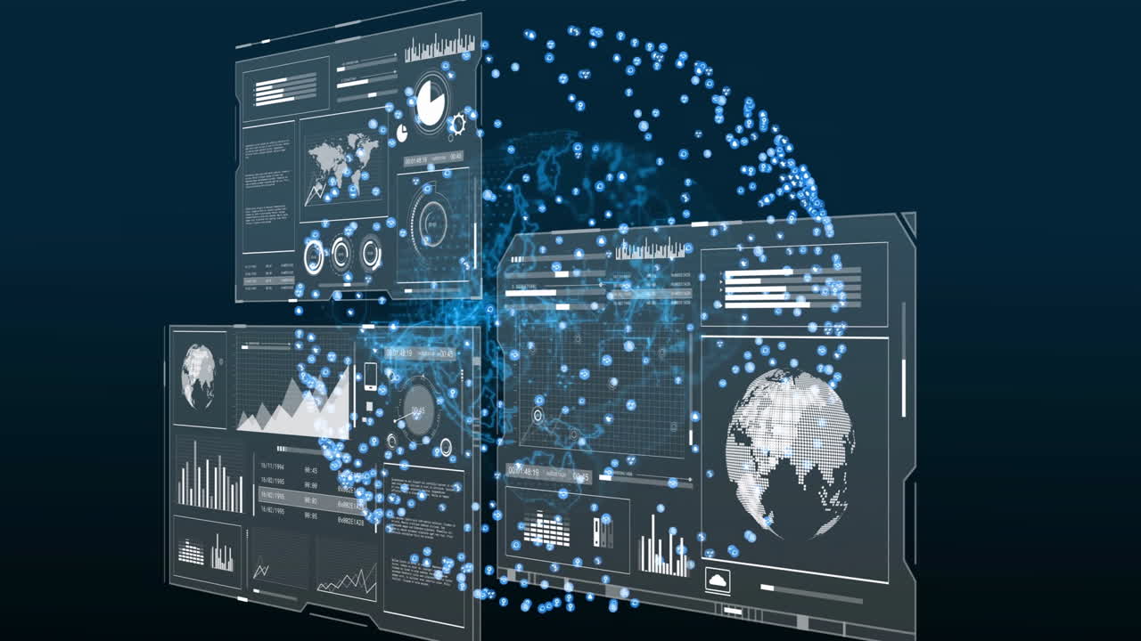 Visualizing holographic data panels spinning within dark virtual space with glowing blue particles