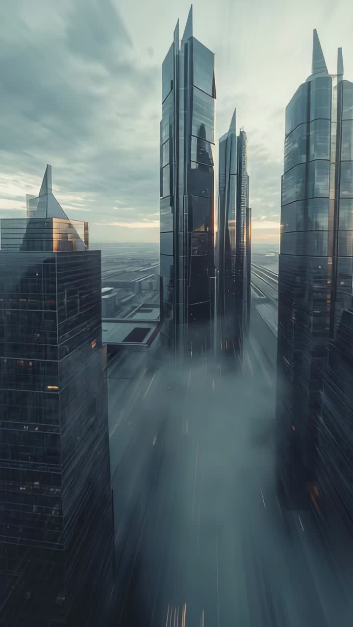 Vertical video: Gliding drone starting past 3 glass towers over plain with fog showing sunlit glass