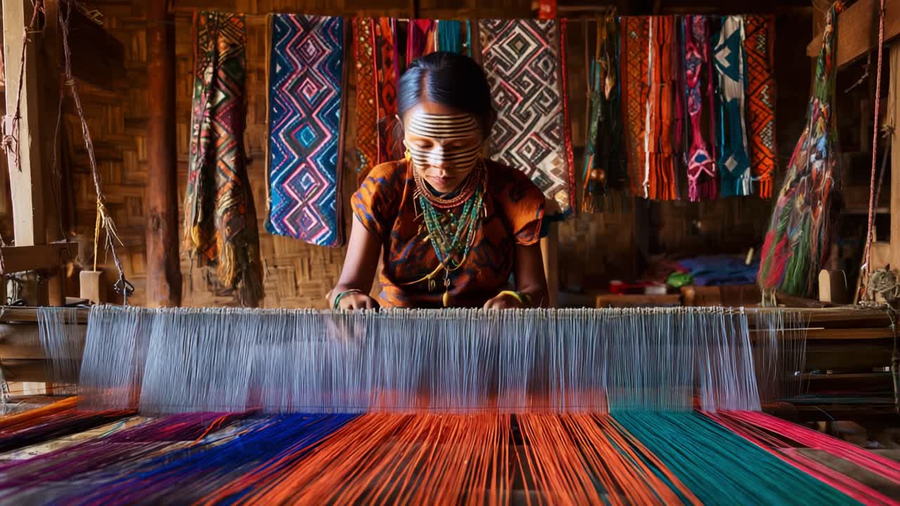 A skilled artisan focuses on her vibrant weaving technique, surrounded by colorful fabrics and intricate patterns, showcasing traditional craftsmanship and artistry in textile creation