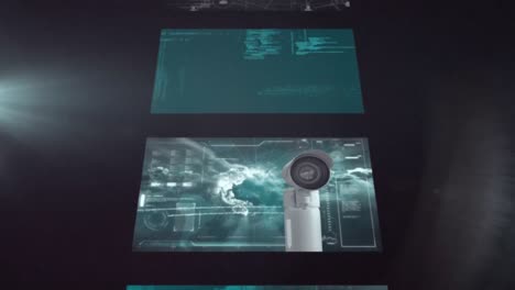 Animation of data processing on screens over on black background