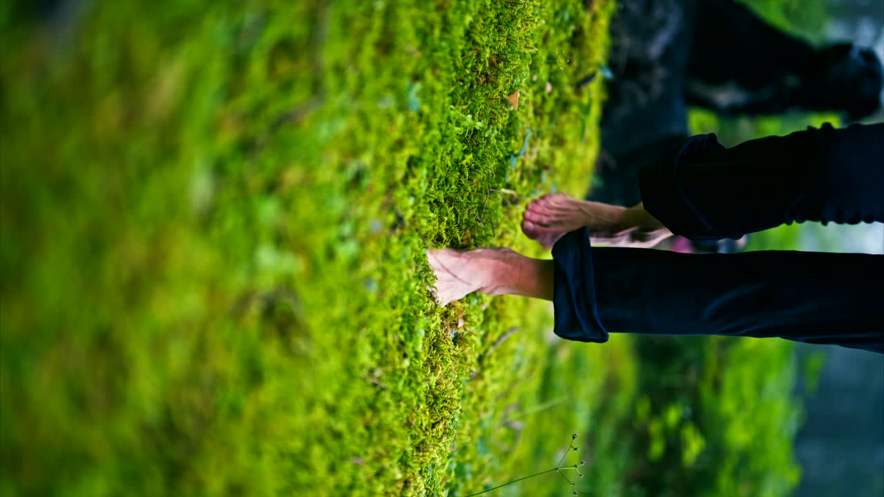 a person walking barefoot on a lush, moss-covered forest floor.reconnect with nature, nature therapy. vertical shot, 8k