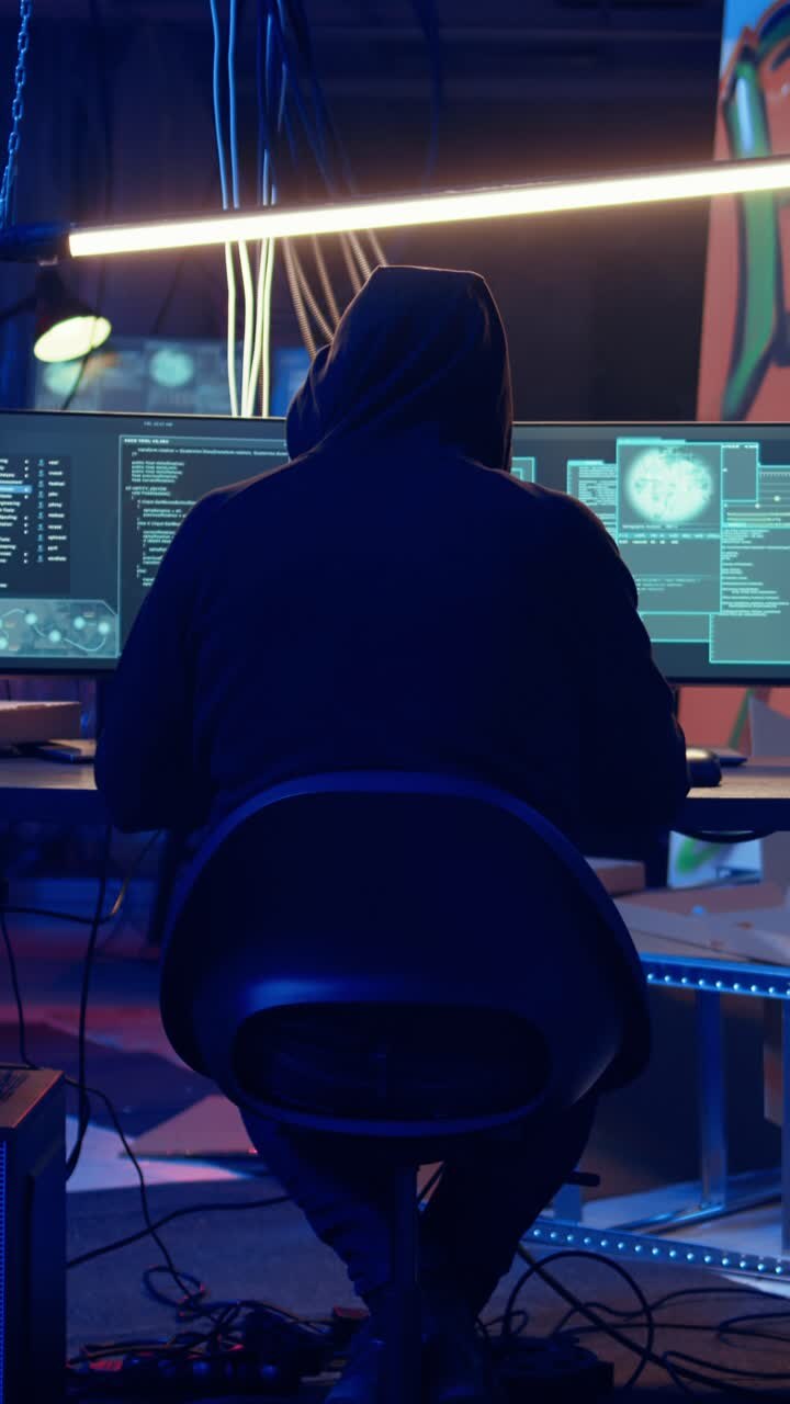 Video verticale. Hacker solitario che usa un computer in un seminterrato abbandonato con disegni graffiti