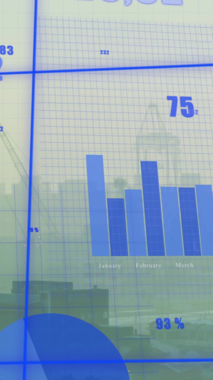 Animation af statistisk databehandling over netværksgitter mod luftfoto af bylandskab.