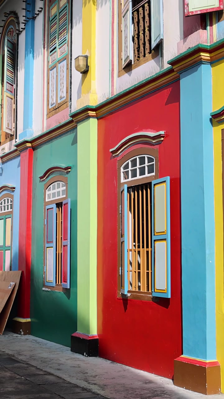 Uma pessoa caminha por um beco ensolarado ao lado da colorida e histórica Casa de Tan Teng Niah, com luz do dia intensa e movimento de câmera estável revelando detalhes arquitetônicos