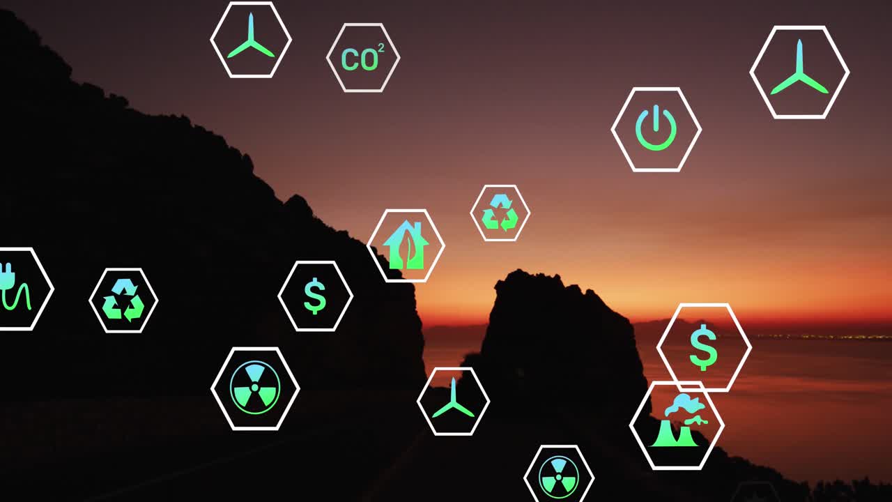 animación de iconos de sostenibilidad y ecología sobre el paisaje