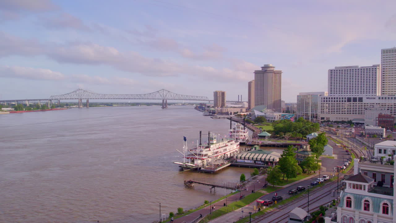 Aerial drone up over Mississippi River by New Orleans