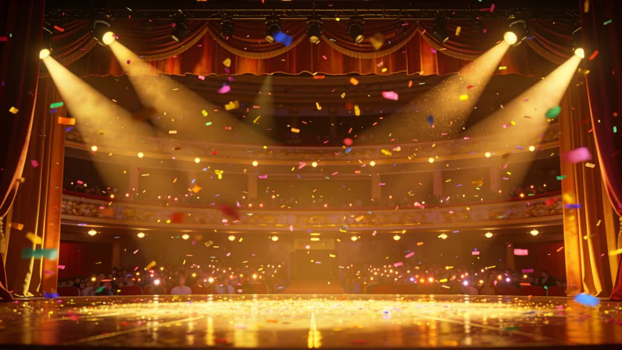 Falling multicolored confetti filling proscenium stage at theater, glinting under amber spotlights
