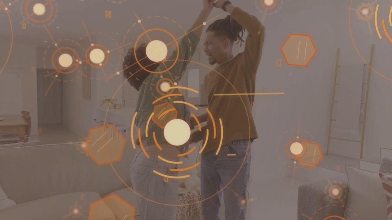 Man reaching partner, leading twirl for love in living room, HUD overlay animating over couple AR