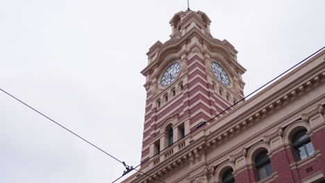 flinders street station, historical victorian clock tower in downtown melbourne australia, looking up