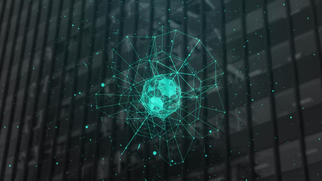 Globe of network of connections spinning against modern building