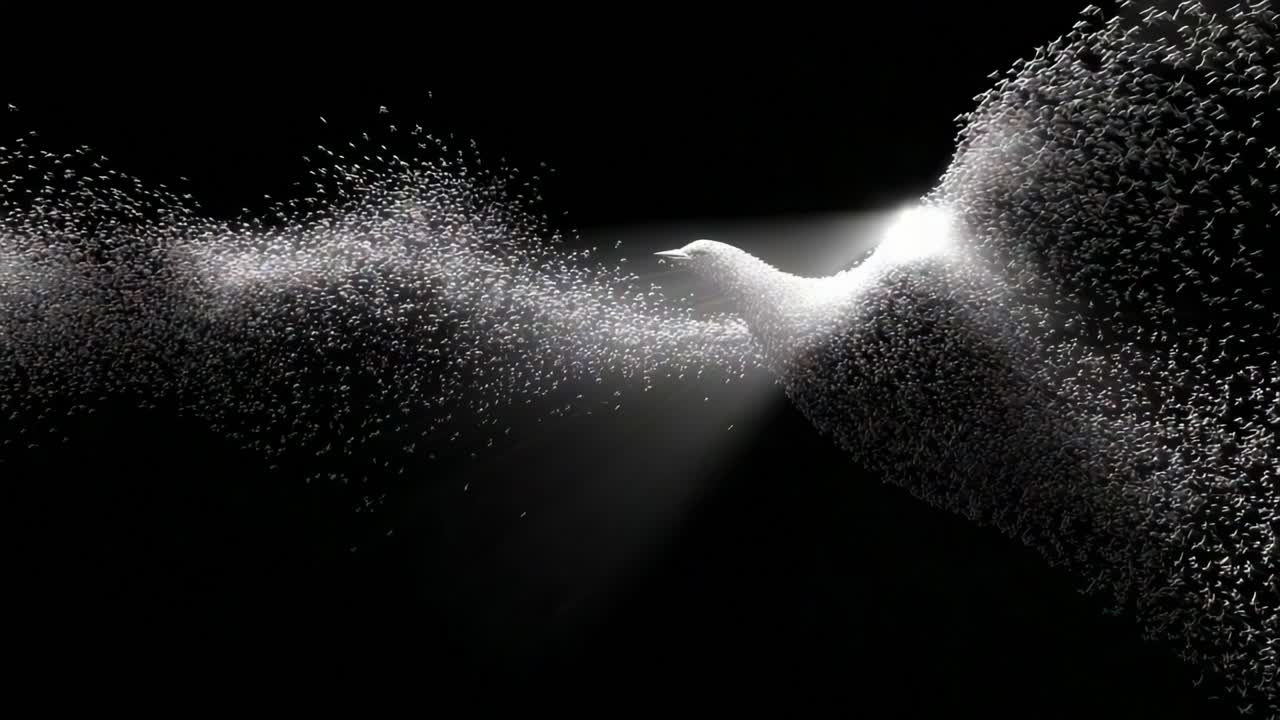 A mesmerizing display of light and motion unfolds as a magnificent bird takes shape from swirling particles, creating a stunning visual spectacle set against a dark backdrop