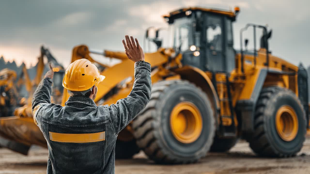 Construction Worker Overseeing Heavy Machinery Operations with Loader Tractor Under Cloudy Sky, Ensuring Safety and Efficiency in Worksite Environment