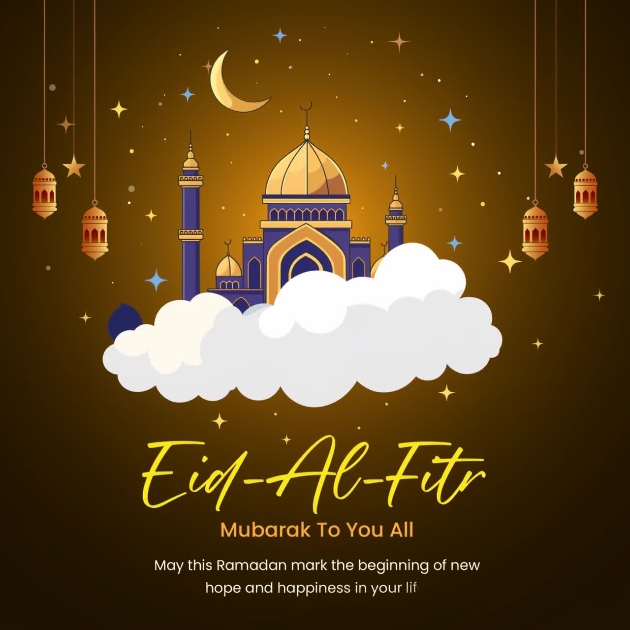 Animazione di auguri per l'Eid al-Fitr con moschea sulle nuvole, luna crescente, lanterne sospese e sfondo notturno dorato