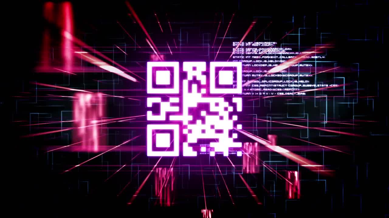 QR code scanner against data processing and light trails