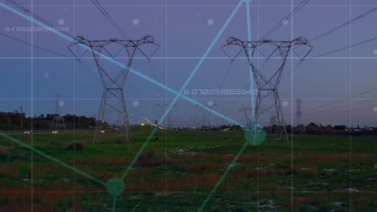 Animation of data processing and square over landscape with electricity pylons