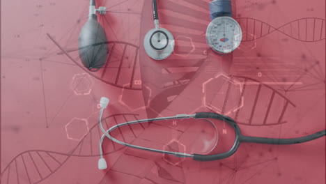animación de estructuras químicas y cadenas de adn sobre un estetoscopio y un medidor de presión